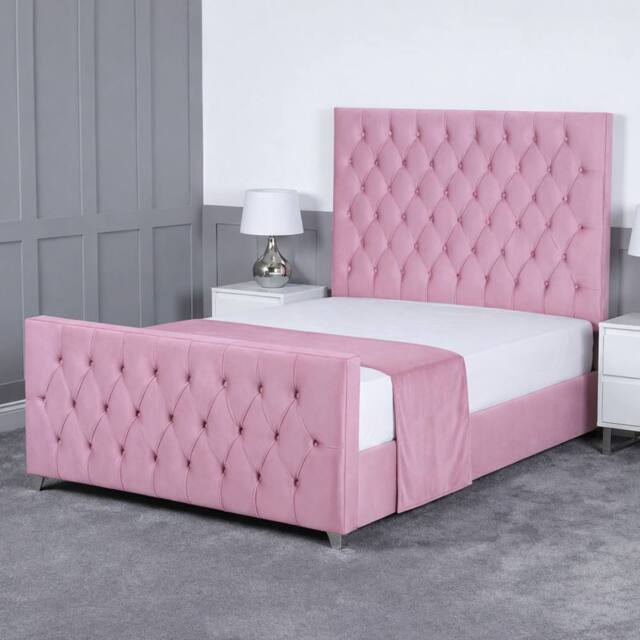 Living Comfort Bedz Vertex Plush Velvet Upholstered Bed Slatted Base with 48Inch Headboard in Pink - Size: Small Double - image 1