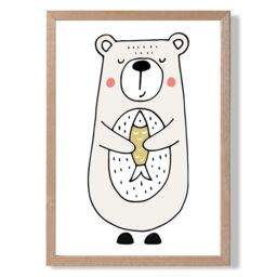ARTZE Cute Beige Bear Scandi Animal Framed Print SIZE: A3 with Oak Frame - Size: A4