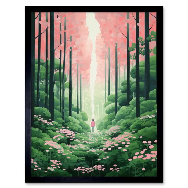 "Artery8 Wall Art Print Mount Yoshino Cherry Blossom Tree Forest Bright Artwork Baby Pink Green Walk in Nature Trail Art Framed - Size: W12"" x H16""" - image 1