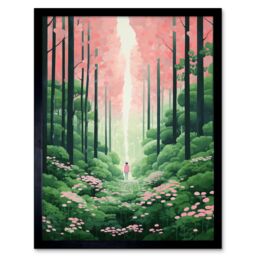 "Artery8 Wall Art Print Mount Yoshino Cherry Blossom Tree Forest Bright Artwork Baby Pink Green Walk in Nature Trail Art Framed - Size: W12"" x H16""" - thumbnail 1