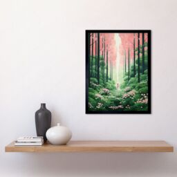 "Artery8 Wall Art Print Mount Yoshino Cherry Blossom Tree Forest Bright Artwork Baby Pink Green Walk in Nature Trail Art Framed - Size: W12"" x H16""" - thumbnail 2