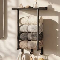Levede Towel Rack Wall Mounted Shelf Bathroom Storage Holder with Hooks in Black - thumbnail 3