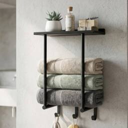 Levede Towel Rack Wall Mounted Shelf Bathroom Storage Holder with Hooks in Black - thumbnail 2