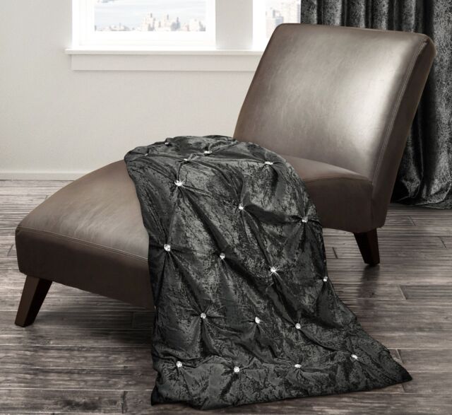 Intimates Pleated Charcoal Crushed Velvet Throw with Diamantes - Size: 150 cm × 200 cm