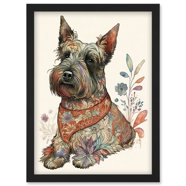 Artery8 Scottish Terrier Dog with Flower Pattern Fur Coat Modern Watercolour Illustration Artwork Framed Wall Art Print A4 in Black - image 1