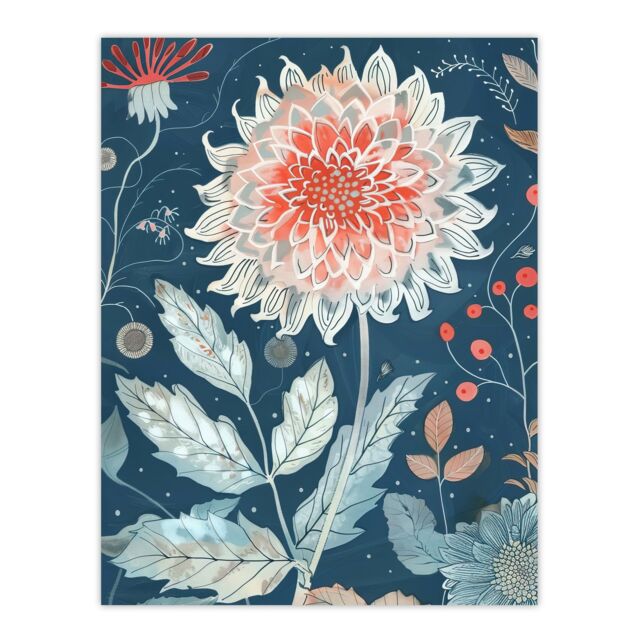 "Artery8 Single Red Dahlia Flower Blue Botanical Artwork Wall Art Print - Size: W24"" x H32""" - image 1