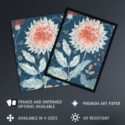 "Artery8 Single Red Dahlia Flower Blue Botanical Artwork Wall Art Print - Size: W24"" x H32""" - thumbnail 2