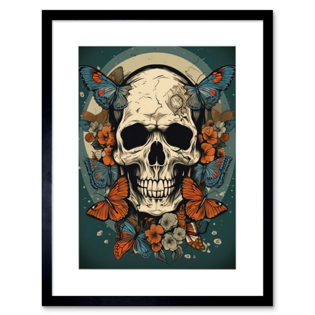 "Artery8 Wall Art Print Skull Moths Old School USA Tattoo Ink Body Art Rockabilly Americana 50s Artwork Framed 9X7 Inch in Black - Size: W7"" x H9""" - image 1