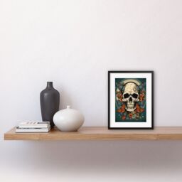 "Artery8 Wall Art Print Skull Moths Old School USA Tattoo Ink Body Art Rockabilly Americana 50s Artwork Framed 9X7 Inch in Black - Size: W7"" x H9""" - thumbnail 2
