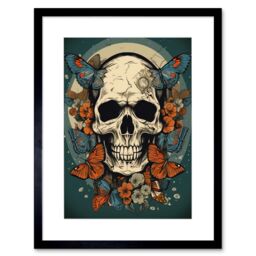"Artery8 Wall Art Print Skull Moths Old School USA Tattoo Ink Body Art Rockabilly Americana 50s Artwork Framed 9X7 Inch in Black - Size: W7"" x H9""" - thumbnail 1