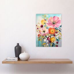 Artery8 Teal Pink Yellow Flowers Bright Elegant Oil Painting Vibrant Spring Blooms Unframed Wall Art Print Poster Home Decor Premium - thumbnail 4