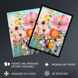 Artery8 Teal Pink Yellow Flowers Bright Elegant Oil Painting Vibrant Spring Blooms Unframed Wall Art Print Poster Home Decor Premium - thumbnail 2