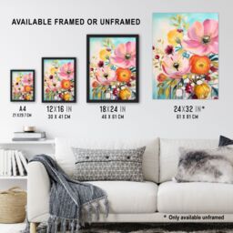 Artery8 Teal Pink Yellow Flowers Bright Elegant Oil Painting Vibrant Spring Blooms Unframed Wall Art Print Poster Home Decor Premium - thumbnail 3