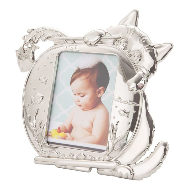 Happy Homewares Quirky Hiding Cat Themed Nickel Plated Picture Frame with Hanging Fish in Metallic Silver - image 1