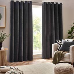 Yard Heavy Chenille Blackout Eyelet Curtain Pair in Charcoal - Size: 168 cm width x 183 cm drop - thumbnail 2