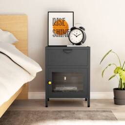 Berkfield Home Nightstand Anthracite 40x30x54.5 cm Steel & Glass in Black - thumbnail 1