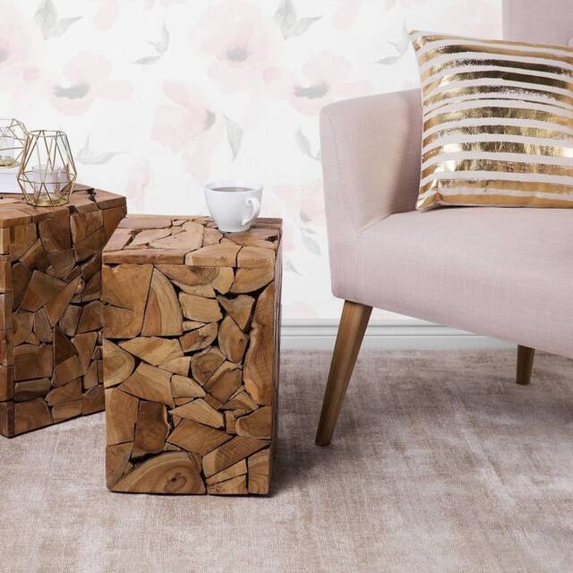 Wyld and Coco Handcrafted Side Table 30x30cm Rustic Light Brown Teak Wood - Size: 30x30 cm - image 1