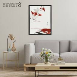 "Artery8 Bird Origami Crane Kachoga Framed Canvas Wall Art Print Watanabe Seitei in Red - Size: W12"" x H16""" - thumbnail 3