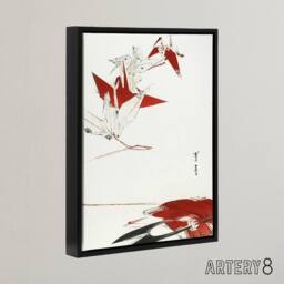 "Artery8 Bird Origami Crane Kachoga Framed Canvas Wall Art Print Watanabe Seitei in Red - Size: W12"" x H16""" - thumbnail 2