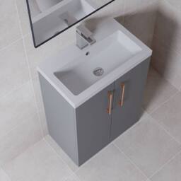 Balterley Bathroom Vanity Basin Unit, Copper Handles, 600mm, Satin Grey - thumbnail 2