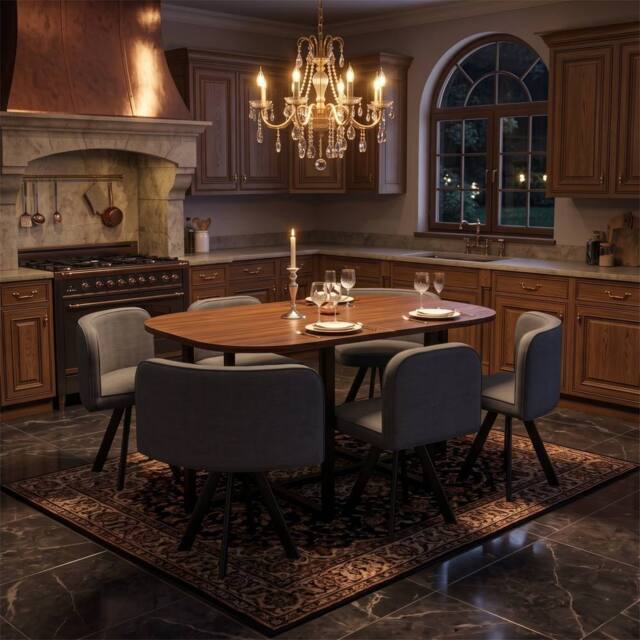 FENCHILIN Dining Table & 6 Chairs Space Saving Set MDF Metal Linen Dining Room - Size: 6 Person - image 1