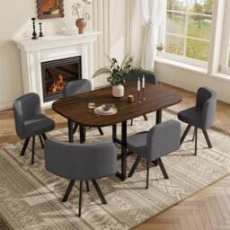 FENCHILIN Dining Table & 6 Chairs Space Saving Set MDF Metal Linen Dining Room - Size: 6 Person - thumbnail 2