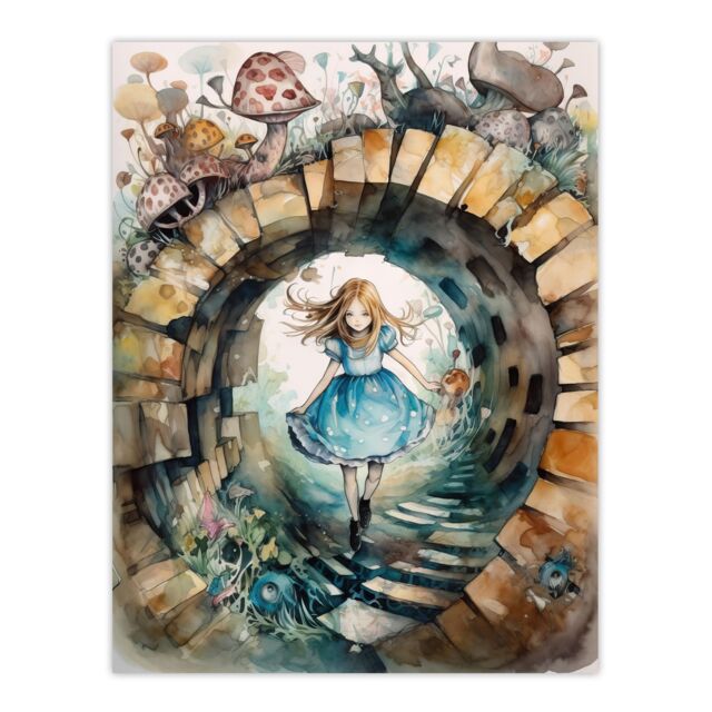 "Artery8 Wall Art Print Alice In Wonderland Watercolour Through The Looking Glass Whimsical Magical Adventure Painting Poster - Size: W24"" x H32""" - image 1
