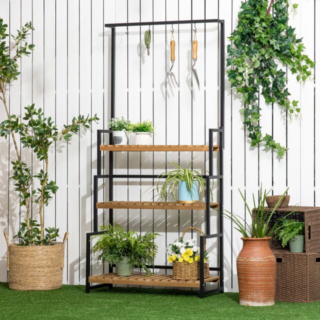 OUTSUNNY 3 Tiered Plant Stand Rack with Hanging Hooks for Indoor Outdoor in Black - image 1