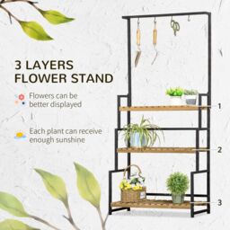 OUTSUNNY 3 Tiered Plant Stand Rack with Hanging Hooks for Indoor Outdoor in Black - thumbnail 4