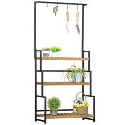 OUTSUNNY 3 Tiered Plant Stand Rack with Hanging Hooks for Indoor Outdoor in Black - thumbnail 2