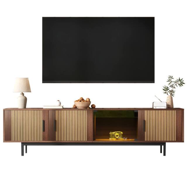 ModernLuxe TV cabinet lowboard with carved texture, LED light & glass doors in Walnut - image 1