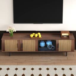 ModernLuxe TV cabinet lowboard with carved texture, LED light & glass doors in Walnut - thumbnail 9