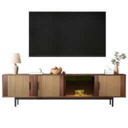 ModernLuxe TV cabinet lowboard with carved texture, LED light & glass doors in Walnut - thumbnail 1