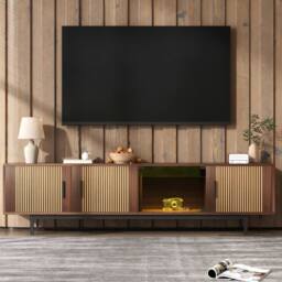 ModernLuxe TV cabinet lowboard with carved texture, LED light & glass doors in Walnut - thumbnail 5