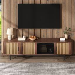 ModernLuxe TV cabinet lowboard with carved texture, LED light & glass doors in Walnut - thumbnail 2