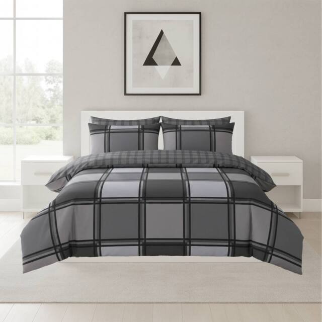 Snug City Box Print Duvet Cover Set Contemporary Square Pattern Bedding in Grey - Size: King - image 1