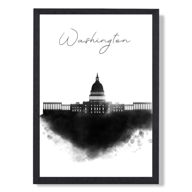 ARTZE Washington Watercolour Skyline City Framed Print SIZE: A2 with Black Frame - Size: A4 - image 1