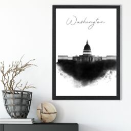 ARTZE Washington Watercolour Skyline City Framed Print SIZE: A2 with Black Frame - Size: A4 - thumbnail 2