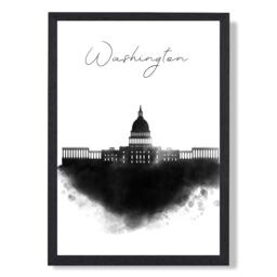 ARTZE Washington Watercolour Skyline City Framed Print SIZE: A2 with Black Frame - Size: A4 - thumbnail 1