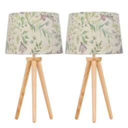 First Choice Lighting Set of 2 Light Oak Table Lamp or Bedside Lights with Floral Shades in Brown