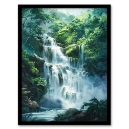"Artery8 Jungle Waterfall Amazon Rainforest Landscape Framed Art Print in Green - Size: W12"" x H16""" - thumbnail 1