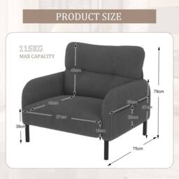 Direct Wicker Single Corduroy Armchair, Wide Seat Lounge Chair, Accent Furniture in Grey - Size: 1 Pack - thumbnail 2