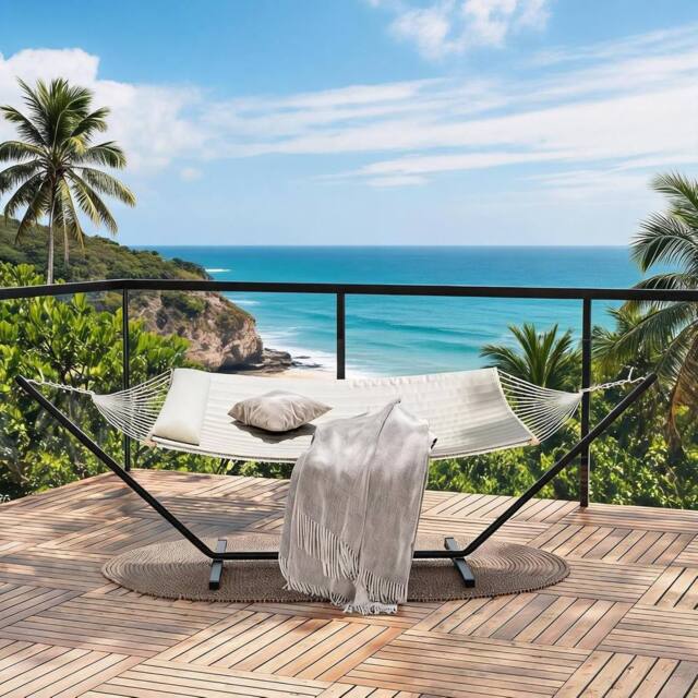 London Boutique Double Hammock w/ Stand & Pillow 2 Person Hammock Bed w/ Removable Pad in Beige - image 1