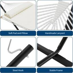 London Boutique Double Hammock w/ Stand & Pillow 2 Person Hammock Bed w/ Removable Pad in Beige - thumbnail 4