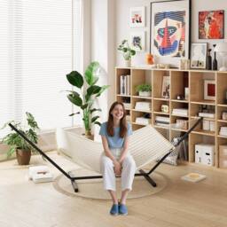 London Boutique Double Hammock w/ Stand & Pillow 2 Person Hammock Bed w/ Removable Pad in Beige - thumbnail 3