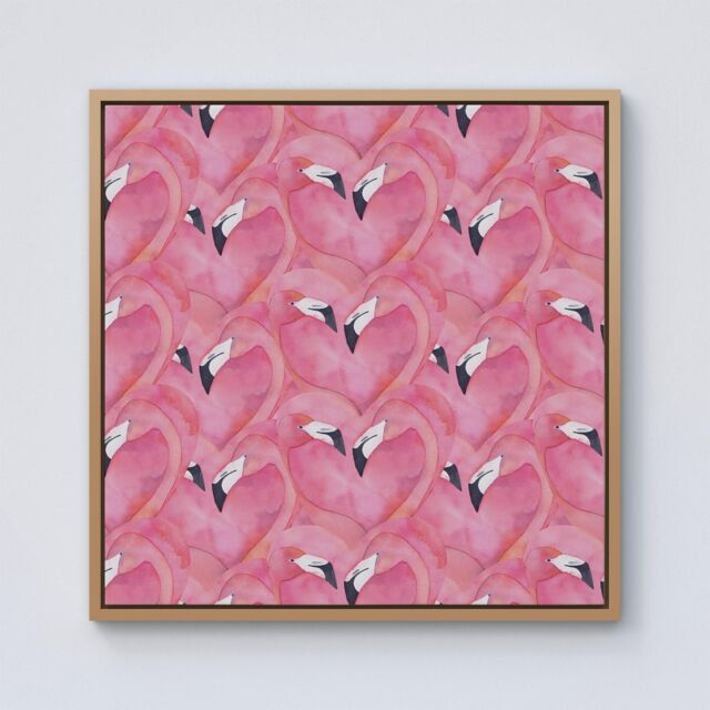 Warren Reed - Designer Watercolour Flamingo Hearts Framed Canvas in Light Brown - Size: w40 inch x h40 inch - image 1