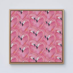 Warren Reed - Designer Watercolour Flamingo Hearts Framed Canvas in Light Brown - Size: w40 inch x h40 inch - thumbnail 1