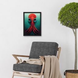Artery8 Modern Vibrant Red & Teal Octopus Artwork Framed Wall Art Print A4 in Black - thumbnail 2