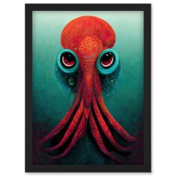 Artery8 Modern Vibrant Red & Teal Octopus Artwork Framed Wall Art Print A4 in Black - thumbnail 1