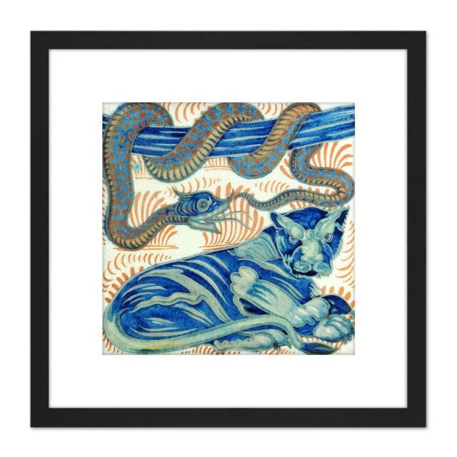 Artery8 De Morgan William Serpent Cat Painting 8X8 Inch Square Wooden Framed Wall Art Print Picture with Mount in Black - image 1